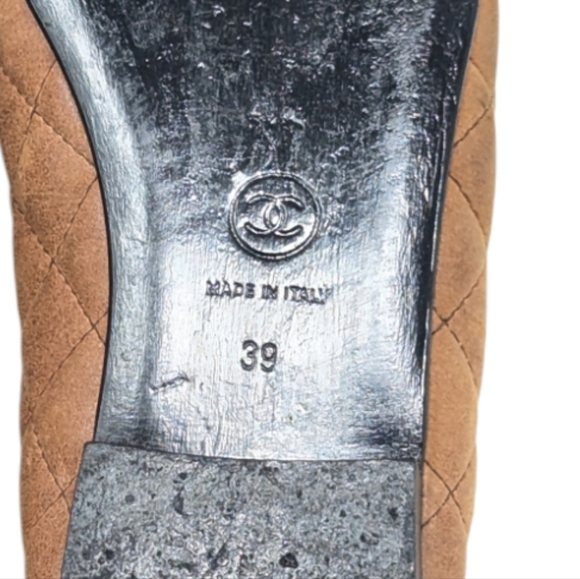 Chanel Interlocking CC Leather Tan Brown Quilted Bow Cap Toe Ballet Flat Size 39 - Picture 10 of 11